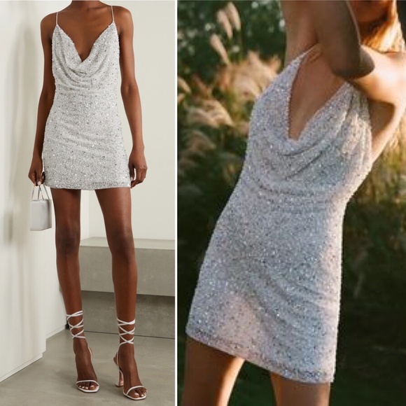 Retrofete Mich Sequin Beaded Embellished Green Cowl Neck Mini Dress XL NWT - Picture 14 of 16